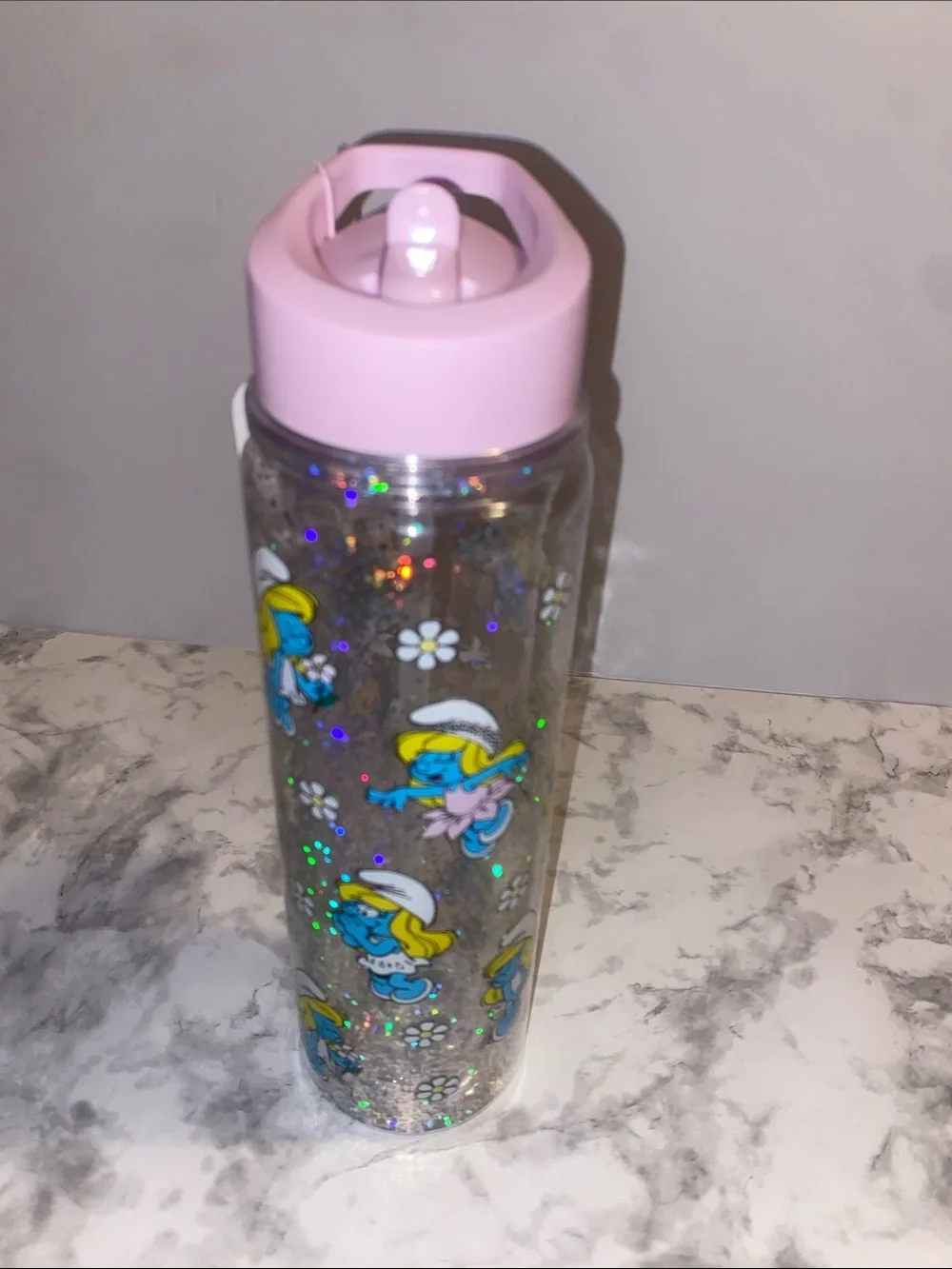 Claire's Pink Smurf Glitter Flip Straw Water Bottle
